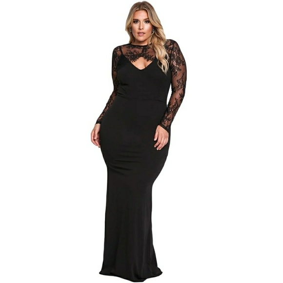 Appliqued Bodice Mermaid Dress With Slit Black Plus Size
